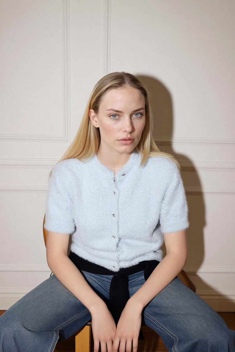 DeFacto Blue Woman Regular Fit Crew Neck Knitwear Cardigan Casual - Image 3